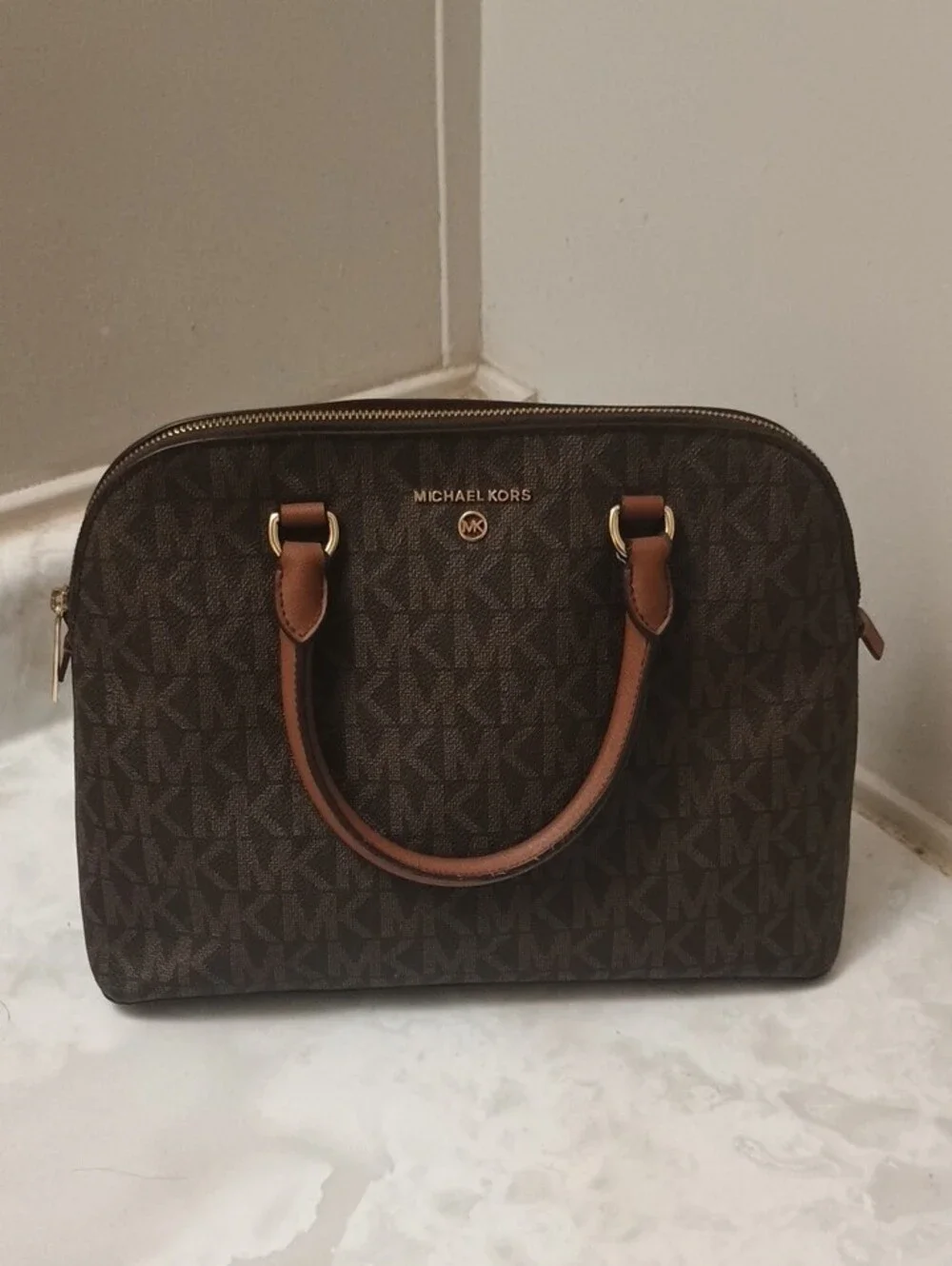 Michael Kors Brown Monogram Dome Satchel with Tan Trim